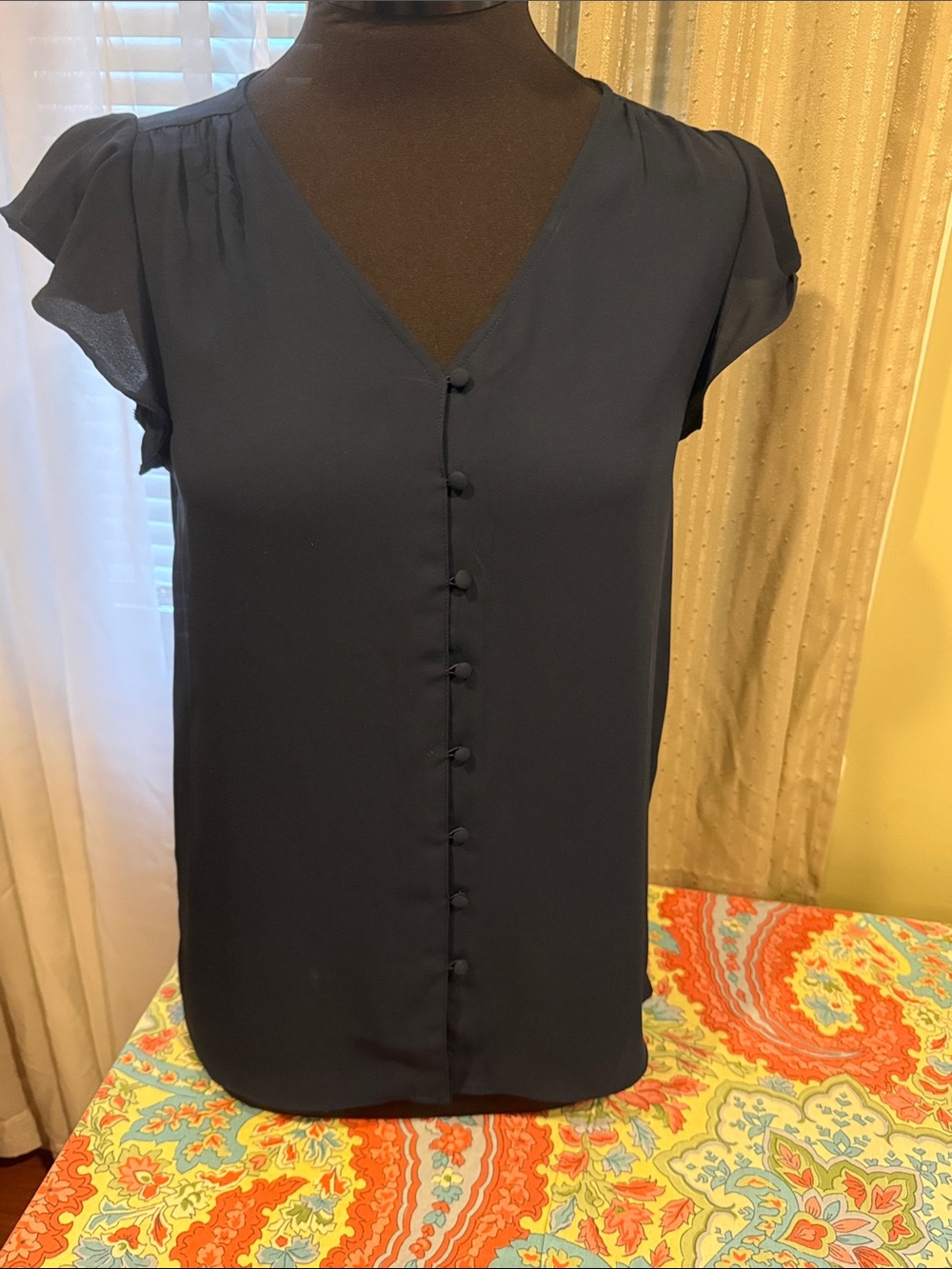 LOFT Navy V-Neck Button-Front Blouse
